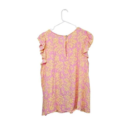 Adora Pink Yellow Ruffle Sleeveless Floral Top Blouse Size Medium Keyhole Back - Picture 2 of 6